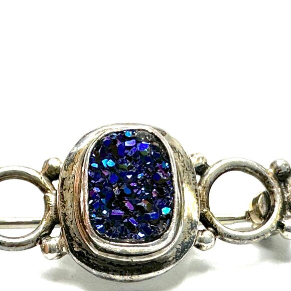 Vintage Sterling Silver Art Nouveau Revival Brooch—Titanium Druzy/Pearl Bar Pin - Picture 4 of 15